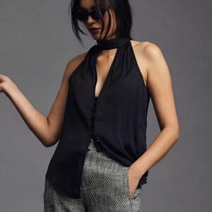 Anthropologie Drape Cut Out Halter Top Key Hole Deep V Black Goth Witchy sz Sm